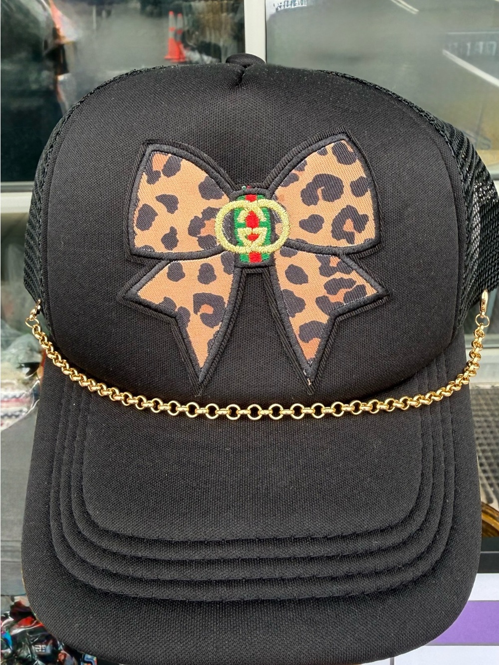 Black Women's Trucker Hat with Leopard Bow and Gold Chain